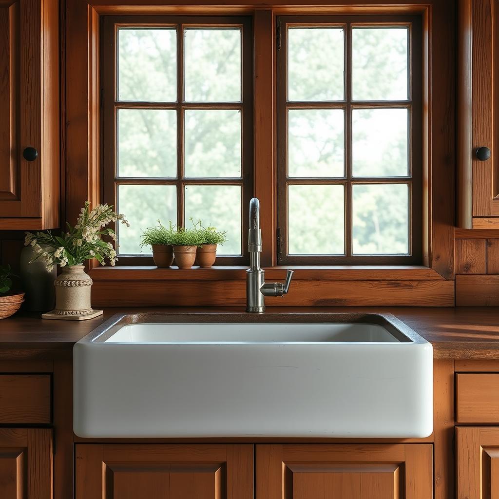 A rustic, well-crafted farmhouse sink set against a backdrop of warm, distressed wood cabinetry. The sink, with its deep basin and apron-front design, commands attention as the focal point of the kitchen. Soft, natural lighting filters through large windows, casting a gentle glow and highlighting the sink's subtle imperfections - a testament to its handmade charm. The surrounding decor, with its muted tones and vintage accents, creates a cozy, inviting atmosphere, perfectly capturing the essence of farmhouse chic. The scene exudes a sense of timeless elegance and functionality, seamlessly blending the past and present.