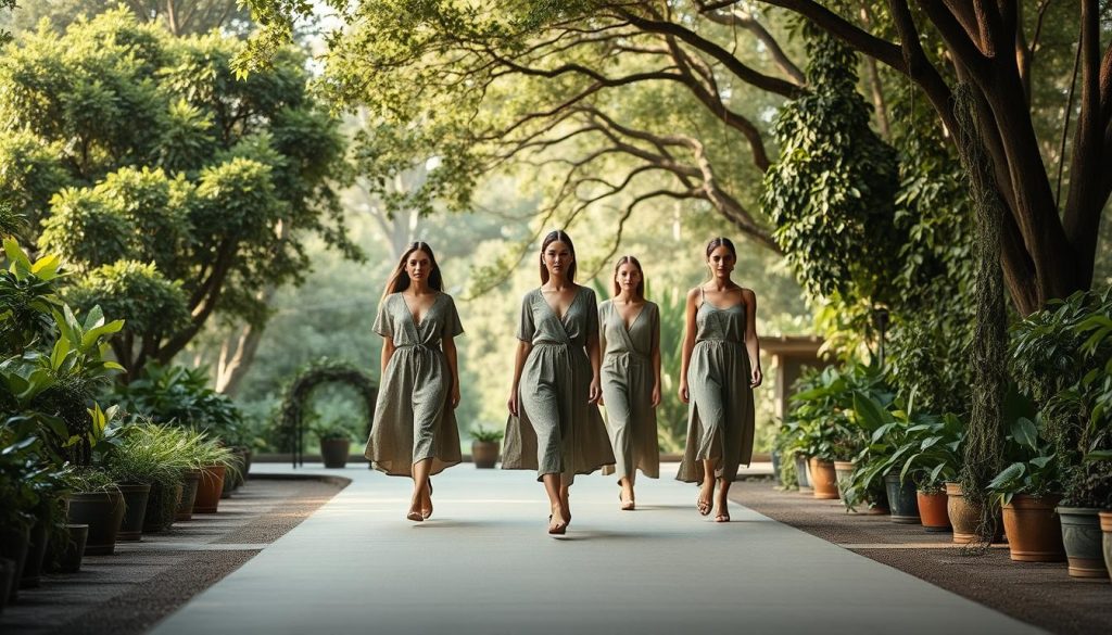 A serene, minimalist fashion runway set against a backdrop of lush, verdant foliage. In the foreground, models gracefully stride, showcasing sustainable garments crafted from organic, recycled, or biodegradable materials. Their outfits feature clean lines, muted earth tones, and subtle textural details that evoke a sense of timeless elegance. The lighting is soft and diffused, creating a warm, natural ambiance. In the middle ground, potted plants and trailing vines accentuate the eco-friendly theme, while the background depicts a canopy of towering trees, suggesting a harmony between fashion and the natural world. An atmosphere of quiet sophistication and environmental consciousness pervades the scene.