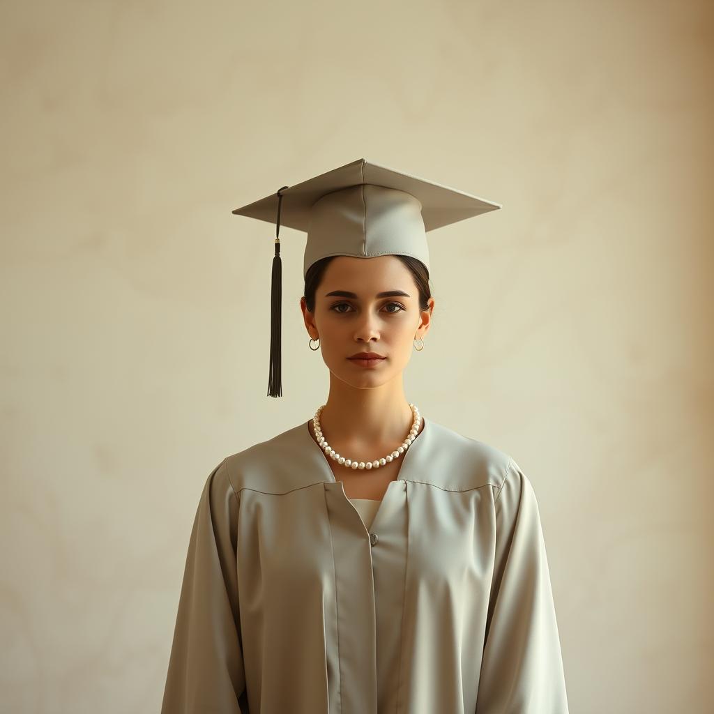 A serene, minimalist graduation scene. In the foreground, a clean-lined, modern cap and gown in soft neutral tones, accented with simple, elegant accessories like a delicate pearl necklace. The middle ground features a subtly textured backdrop, perhaps a muted floral or abstract pattern, creating a calming ambiance. Warm, diffused lighting casts a gentle glow, emphasizing the refined, understated elegance of the outfit. The overall composition conveys a sense of timeless sophistication and timelessness, befitting the momentous occasion of graduation in the year 2025.