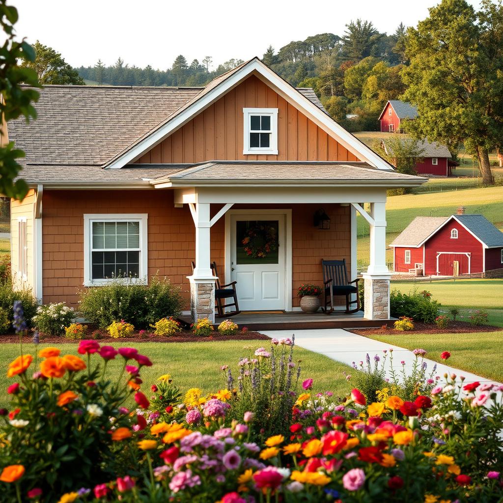 A serene, neutral-toned farmhouse nestled in a lush, verdant landscape. The exterior features warm, weathered wooden siding, complemented by crisp white trim and a charming pitched roof. A cozy front porch, adorned with rocking chairs, invites you to sit and take in the tranquil surroundings. The home is bathed in soft, natural light, creating a calming atmosphere. In the foreground, a well-tended garden bursts with colorful florals, while in the distance, rolling hills and a picturesque red barn complete the quintessential modern farmhouse scene. The overall palette evokes a sense of rustic elegance and timeless comfort.
