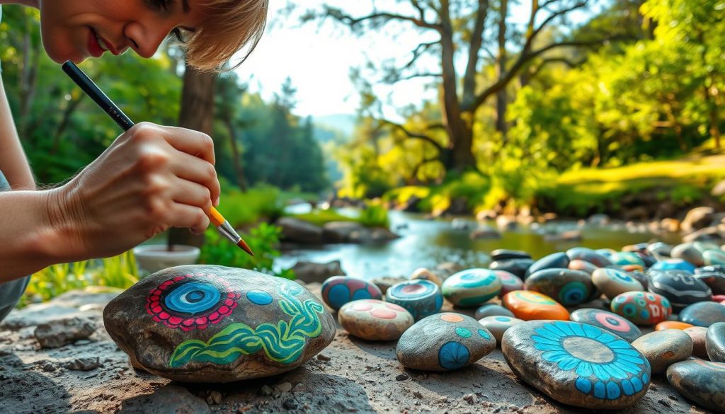 A serene outdoor scene showcasing the art of rock painting in action. In the foreground, a skilled artist carefully applies vibrant acrylic paints to the uneven surface of a smooth river stone, their brushstrokes creating intricate, nature-inspired designs. The middle ground features an assortment of colorful, painted rocks of various shapes and sizes, arranged in a visually appealing display. In the background, a lush, verdant landscape with towering trees and a tranquil, sun-dappled creek sets the stage for this peaceful, creative endeavor. Soft, diffused lighting casts a warm, inviting glow, capturing the meditative essence of the rock painting process.