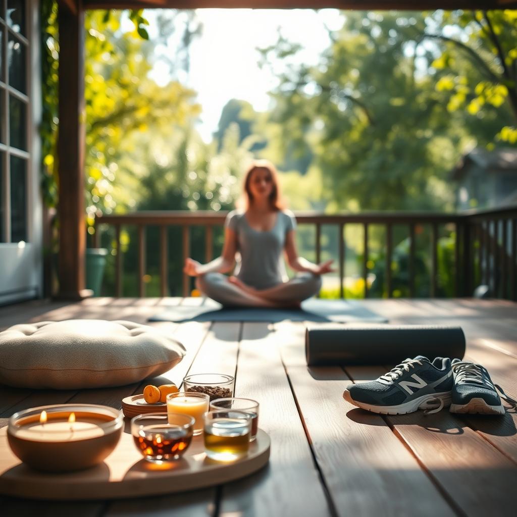 A serene, sun-dappled garden setting with a wooden deck, where a person sits cross-legged, eyes closed in deep meditation. The foreground features an array of self-care essentials - a plush meditation cushion, a bowl of aromatherapy candles, and a tray of herbal teas. In the middle ground, a yoga mat lies unrolled, and a pair of running shoes rest nearby, symbolizing a holistic balance of mind, body, and spirit. The background frames the scene with lush, verdant foliage and a tranquil pond, exuding a sense of peaceful, rejuvenating ambiance. Captured with a warm, natural lighting and a shallow depth of field, creating a calming, introspective atmosphere.