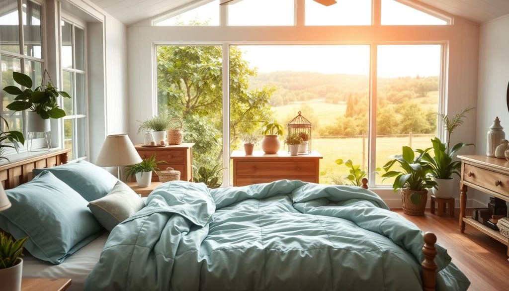 A serene, tranquil farmhouse bedroom set against a backdrop of lush, verdant foliage. Warm, diffused natural light filters through large windows, casting a gentle glow over the soothing blue and green color palette. In the foreground, a cozy bed adorned with plush, textured linens in shades of azure and sage. Surrounding the bed, a mix of potted plants and simple, rustic decor add to the calming, nature-inspired ambiance. In the middle ground, a wooden dresser and nightstand complement the serene color scheme, while the background features a panoramic view of a picturesque countryside landscape, with rolling hills and a distant forest. An atmosphere of timeless comfort and harmony, perfectly capturing the essence of a farmhouse bedroom design.