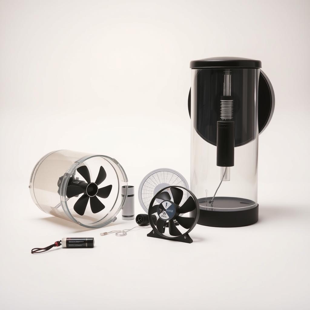 A set of mosquito trap components arrayed on a neutral background. In the foreground, a cylindrical mosquito trap with a clear acrylic body and a dark-colored lid, revealing its inner workings. In the middle ground, a collection of smaller parts including a battery-powered fan, a pheromone cartridge, and a water-based attractant solution. In the background, a clean, well-lit studio setting with soft, diffused lighting from multiple angles, capturing the textures and details of the trap components. The overall composition showcases the key elements of a mosquito trap in a clear, informative manner.