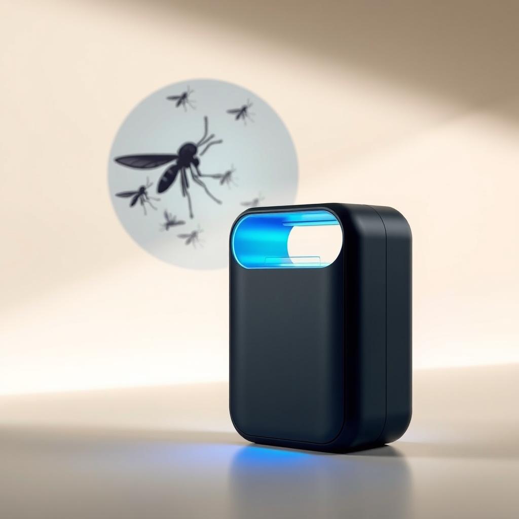 A sleek, high-tech mosquito repellent system set against a clean, minimalist backdrop. In the foreground, a compact, cylindrical device with a smooth, matte black finish emits a gentle blue glow, hinting at its advanced mosquito-trapping capabilities. The midground features a stylized, abstract illustration of mosquitoes being drawn towards the device, emphasizing its effectiveness. The background is a serene, neutral-toned environment, allowing the product to take center stage. Soft, diffused lighting casts a warm, inviting atmosphere, showcasing the system's modern, sophisticated design.