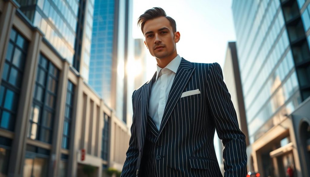 A sleek model struts down a chic city street, clad in a sharp pinstripe suit. The pinstripes catch the warm afternoon light, creating a bold visual rhythm. In the background, tall glass skyscrapers rise, reflecting the crisp, modern aesthetic. The model's confident gaze and elegant posture exude an air of sophisticated style. The scene is captured with a medium-wide lens, emphasizing the elongated silhouette and dynamic cityscape. This is a vibrant, fashionable vision of the pinstripe trend taking center stage for the summer of 2025.
