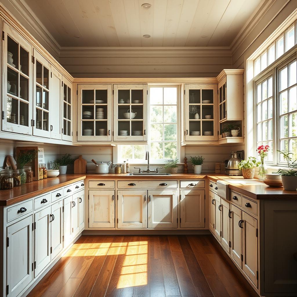 A spacious, sun-drenched farmhouse kitchen with antique-style wooden cabinets. The cabinets feature distressed white paint, glass-paned doors, and rustic metal hardware. Warm, natural light streams in through large windows, casting a soft glow on the subtly textured shiplap walls. Rows of jars, vintage ceramics, and potted herbs adorn the countertops, creating an inviting, homely atmosphere. Underfoot, wide-plank hardwood floors add to the authentic, lived-in feel. The composition is balanced, with the cabinets taking center stage, framed by the natural elements surrounding them. An intimate, cozy scene that embodies the essence of farmhouse chic.