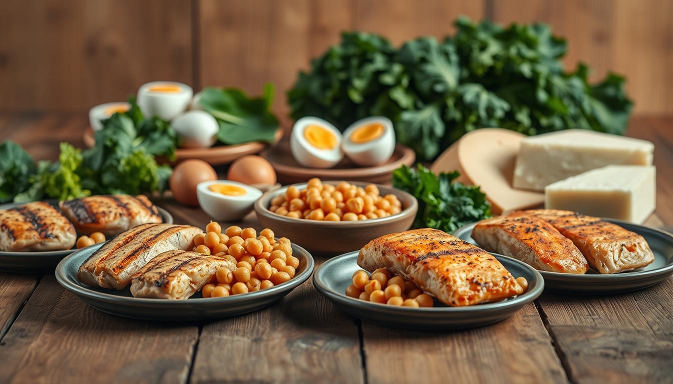 A still life arrangement showcasing a variety of high-protein food sources on a rustic wooden table. In the foreground, there are plates filled with grilled chicken breasts, seared salmon fillets, and a bowl of roasted chickpeas. In the middle ground, a platter of hard-boiled eggs and a wedge of cheese are displayed. In the background, leafy greens, such as spinach and kale, are arranged artfully. The lighting is warm and natural, creating a soft, inviting atmosphere. The composition is balanced and visually appealing, highlighting the diverse range of protein-rich options available for a healthy diet.