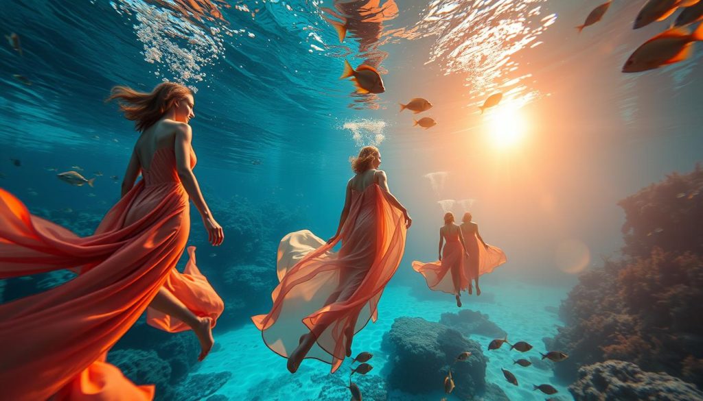 A stunning underwater fashion show, captured through the lens of a high-resolution underwater camera. In the foreground, models showcase flowing, shimmering garments in shades of aquamarine, coral, and mother-of-pearl, their movements graceful and fluid as they glide through the crystal-clear water. The middle ground features a surreal, dreamlike seascape, with schools of tropical fish and swaying kelp forests providing a vibrant, natural backdrop. In the background, the warm glow of the sun filters down from the surface, casting a warm, ethereal light on the entire scene. The overall mood is one of elegance, sophistication, and a profound connection with the beauty and mystery of the ocean.