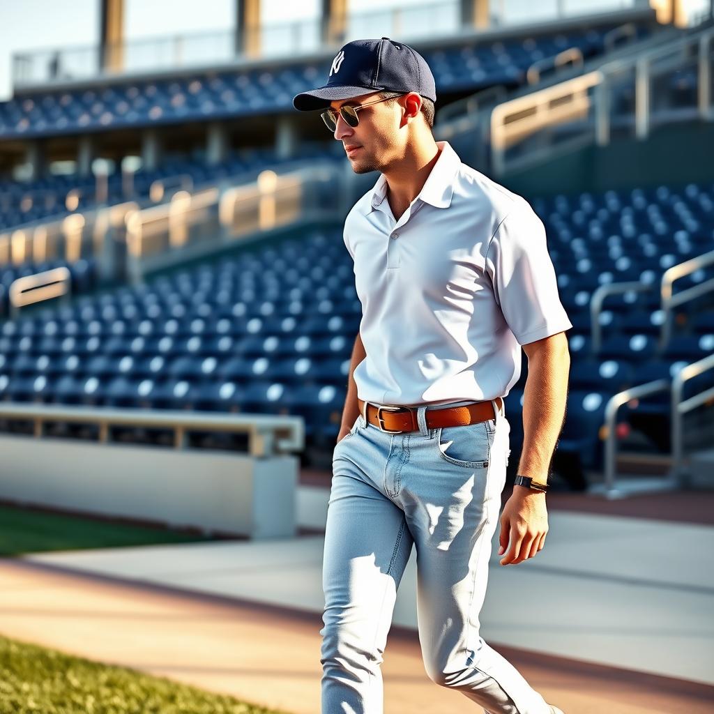 A stylish baseball fan strolling through the stadium, dressed in a well-fitted navy blue baseball cap, a crisp white polo shirt, and slim-fit light wash denim jeans. The outfit is complemented by a modern leather belt and a pair of clean white sneakers. The scene is bathed in the warm glow of the afternoon sun, casting a gentle shadow that adds depth and dimension to the frame. The stadium seats in the background are partially visible, hinting at the bustling energy of the game day atmosphere.