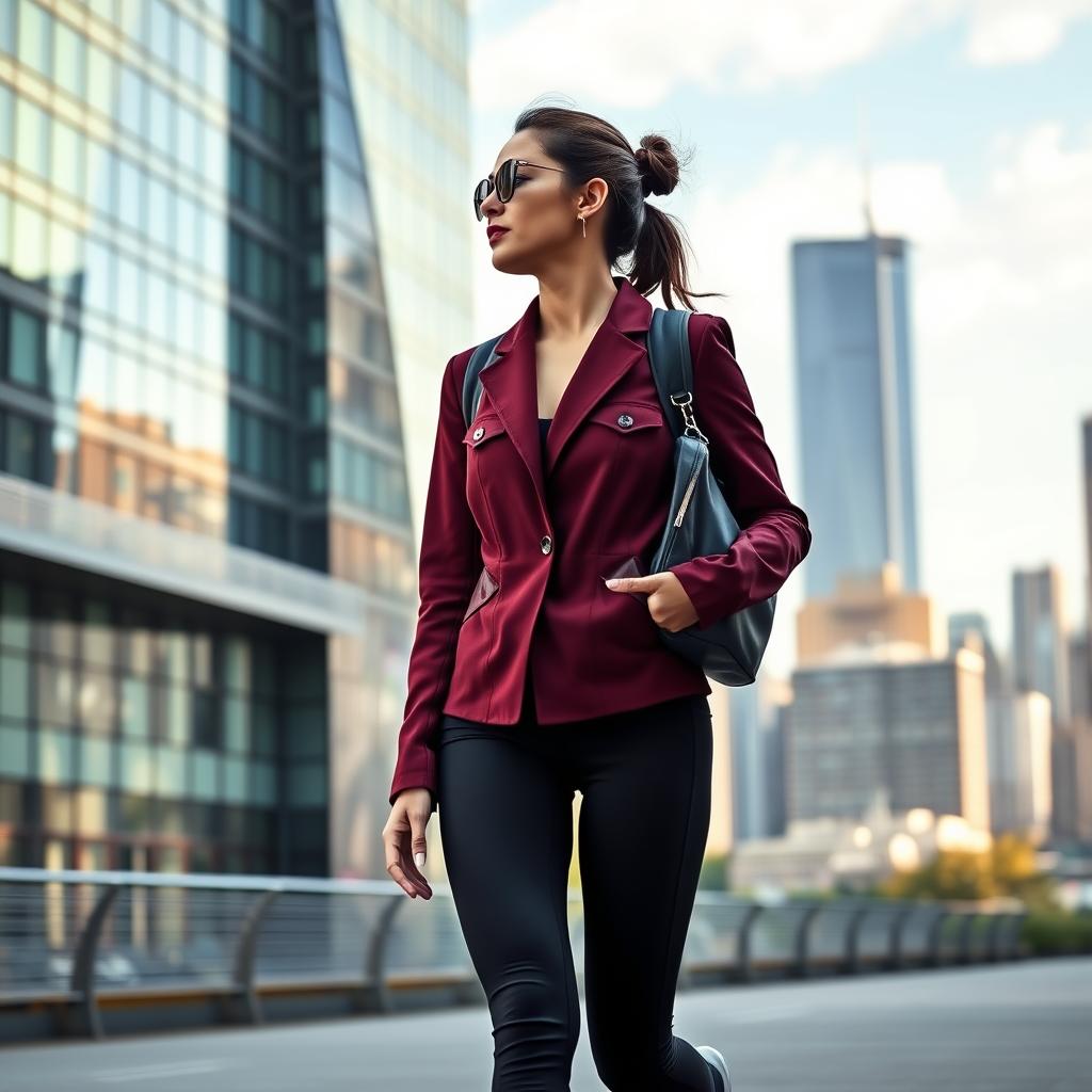 A stylish woman strolling through a chic urban setting, wearing an elevated athleisure ensemble. In the foreground, she dons a tailored athletic jacket in a rich burgundy hue, paired with sleek black leggings that flatter her figure. Her accessories include a minimalist backpack and sporty sneakers, elevating the athleisure look. The middle ground features a modern, glass-and-steel high-rise building, casting soft, directional lighting that accentuates the woman's silhouette. In the background, a bustling city skyline adds an aspirational, cosmopolitan atmosphere, reflecting the sophisticated, on-the-go nature of the "elevated athleisure" trend.