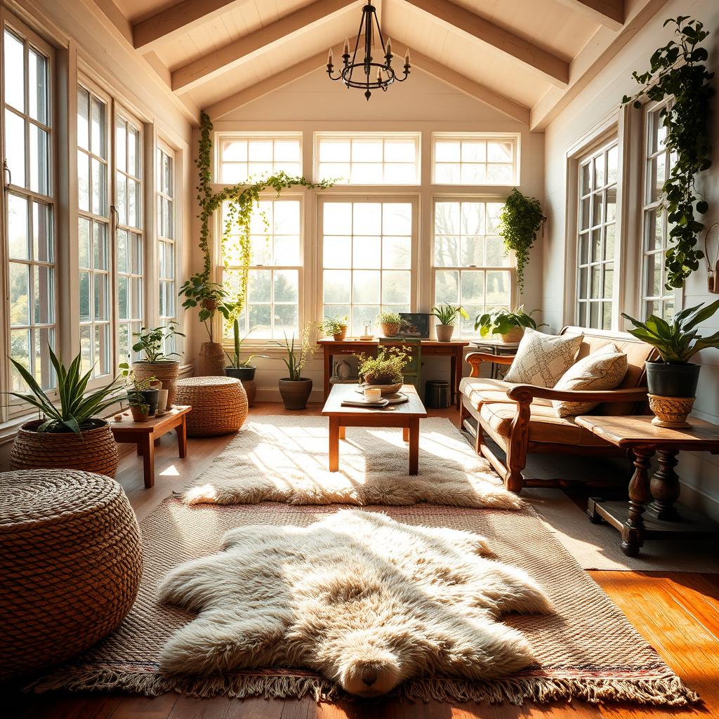 A sun-dappled farmhouse sunroom, its large windows flooding the space with warm, golden light. In the foreground, a plush, layered arrangement of textured rugs in earthy tones - sisal, kilim, and a fluffy sheepskin rug - create a cozy, inviting atmosphere. Midground, antique wooden furniture, weathered and worn, provides a rustic contrast. Trailing vines and potted plants adorn the space, adding a touch of natural, organic elements. The background features whitewashed walls and exposed beams, elevating the overall farmhouse aesthetic. The scene exudes a sense of comfort, relaxation, and timeless charm.
