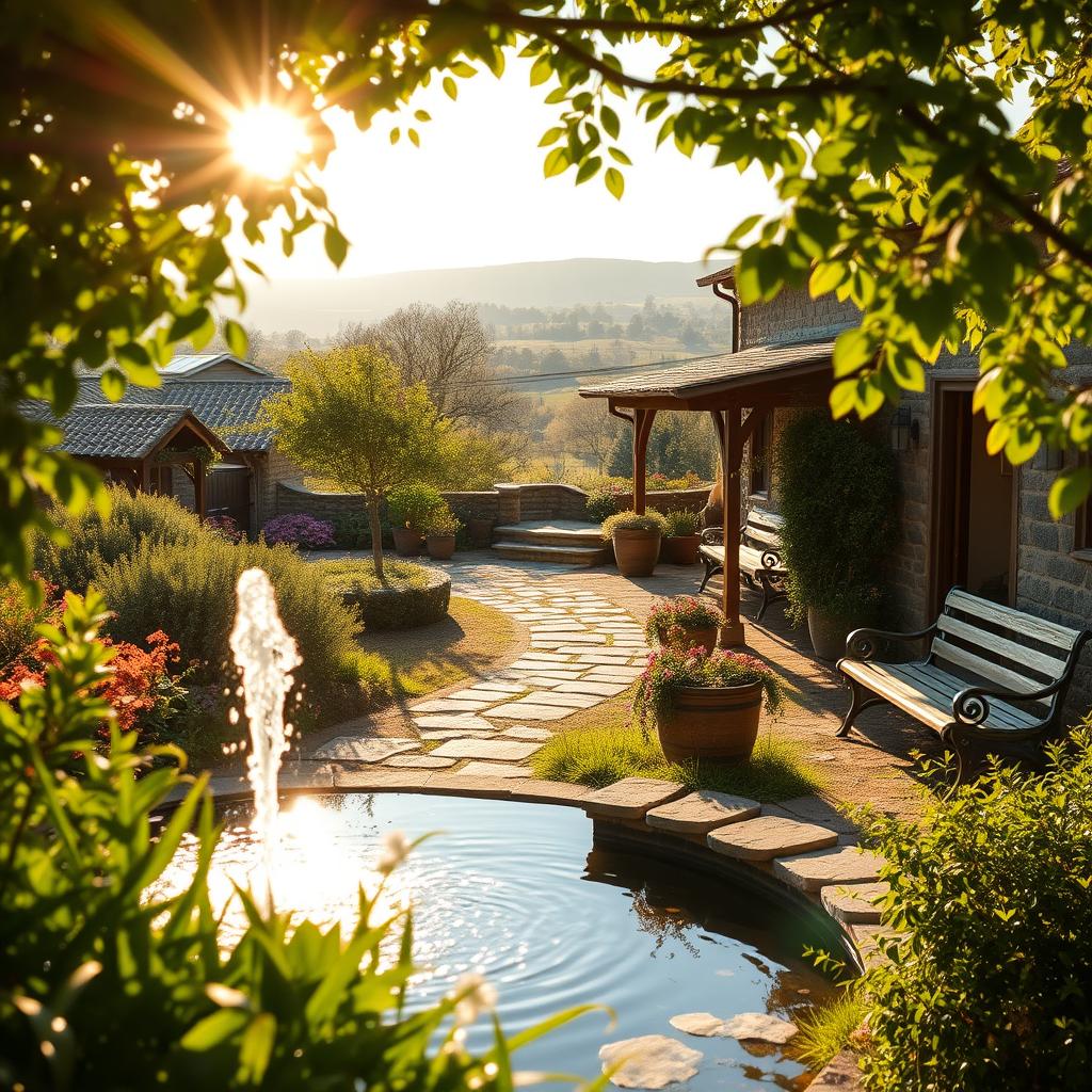 A sun-dappled oasis of tranquility, an outdoor sanctuary nestled amidst a lush farmhouse pastoral courtyard. In the foreground, a serene water feature reflects the dancing light, its gentle sounds inviting peaceful contemplation. Lush, verdant foliage frames the scene, creating an enveloping canopy of natural beauty. In the middle ground, a rustic stone pathway winds through the sanctuary, leading the eye towards a charming seating area, where wooden benches and weathered planters offer a cozy respite. The background showcases rolling hills and distant trees, evoking a sense of boundless countryside. Warm, golden lighting bathes the entire composition, imbuing the space with a soft, inviting glow. This idyllic scene captures the essence of transforming an ordinary outdoor space into a serene, restorative sanctuary.