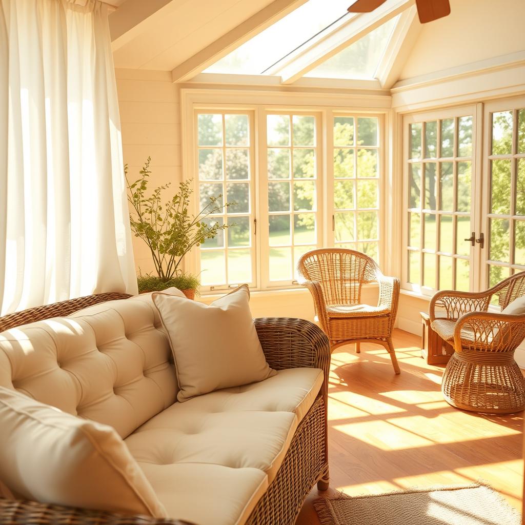 A sun-drenched farmhouse sunroom, filled with an inviting arrangement of woven wicker furniture. In the foreground, a plush wicker loveseat with plump, tufted cushions in a neutral palette, framed by sheer white curtains that billow softly in the gentle breeze. In the middle ground, a pair of matching wicker armchairs with armrests, their intricate patterns casting delicate shadows on the warm wooden floors. In the background, large windows flood the space with golden natural light, highlighting the organic textures and warm tones of the rattan pieces. An airy, relaxing atmosphere, perfect for cozy conversation and quiet contemplation.