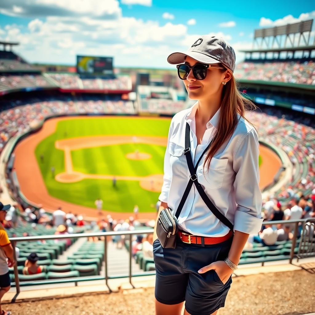 A sunny, warm day at a bustling baseball stadium. In the foreground, a stylish figure stands, clad in a crisp white button-down shirt, navy blue chino shorts, and a classic baseball cap. Accessorized with sunglasses and a cross-body bag, the outfit strikes a perfect balance between sporty and chic. The middle ground reveals the vibrant green grass of the field, with players in their uniforms engaged in an exciting game. In the background, the towering stadium seating and cloudless azure sky create a sense of energy and anticipation. Soft, diffused lighting flatters the scene, capturing the excitement and camaraderie of a summer baseball outing.