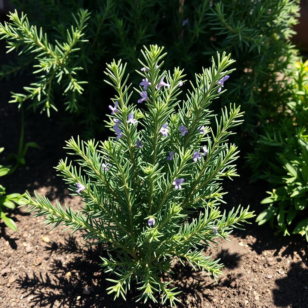 A thriving rosemary plant stands in a cozy garden setting, its lush, evergreen foliage casting gentle shadows across the soil. Sunlight filters through the leaves, creating a warm, inviting atmosphere. The plant's robust, woody stems and delicate purple flowers suggest its versatility as both a culinary herb and a natural pest deterrent. The scene is captured from a slightly elevated angle, emphasizing the plant's full, bushy appearance and its integration within the surrounding landscape. The image conveys the plant's practical and aesthetic value, highlighting its potential to beautify a home garden while also providing a natural defense against unwanted insects.
