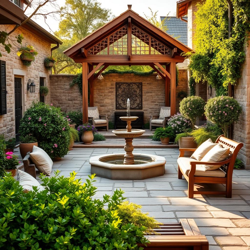 A tranquil farmhouse courtyard, bathed in warm golden light, showcases a harmonious blend of functional and aesthetic elements. In the foreground, a well-designed seating area invites relaxation, with plush cushions and a rustic wooden bench nestled amidst lush, verdant foliage. The middle ground features a central fountain, its soothing water feature complemented by a mix of decorative planters and flowering shrubs. In the background, a charming gazebo structure, adorned with intricate latticework, provides a picturesque focal point, while the surrounding stone walls and paving stones create a cohesive and visually appealing layout. The overall atmosphere exudes a sense of pastoral elegance and thoughtful attention to detail, perfectly capturing the essence of "Blending Functional and Aesthetic Elements" within the farmhouse courtyard.