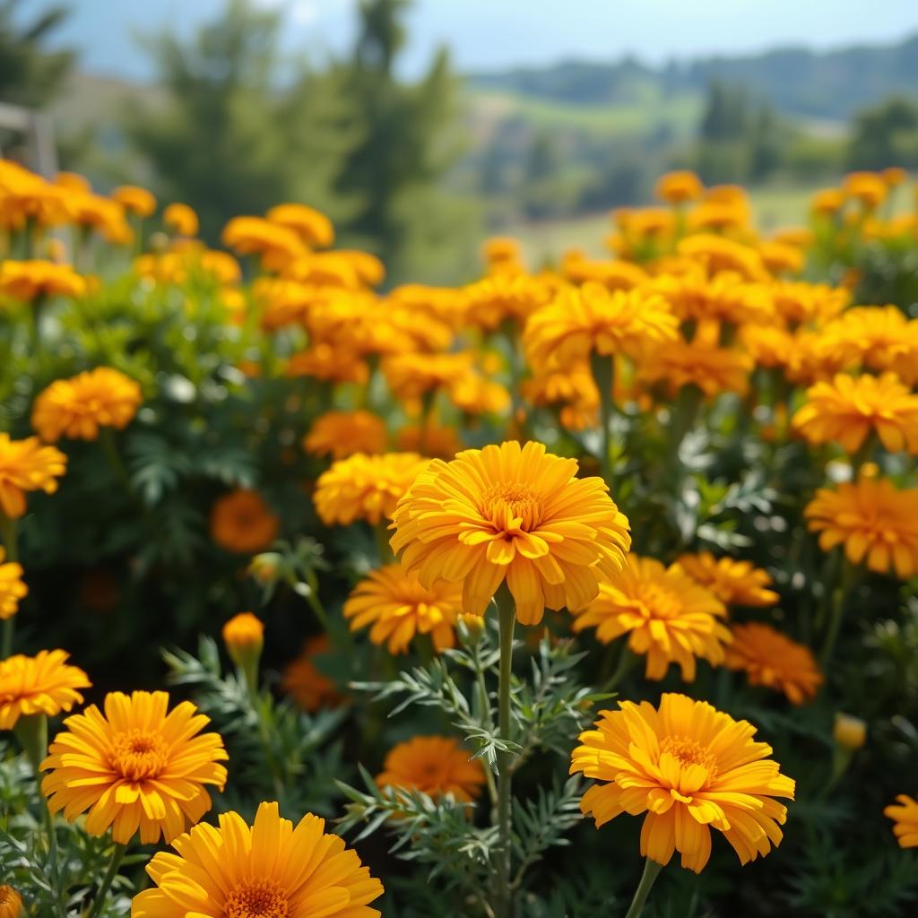 A vibrant and lush garden filled with marigolds in full bloom, their golden petals shimmering under warm, diffused sunlight. In the foreground, the flowers are showcased in crisp detail, their pungent aroma wafting through the air. In the middle ground, the marigolds are arranged in a naturalistic, asymmetrical composition, interspersed with lush green foliage. The background features a softly blurred, serene landscape, emphasizing the tranquil atmosphere. The overall scene conveys the power of these bright, hardy flowers to deter pests and create a harmonious, natural environment.