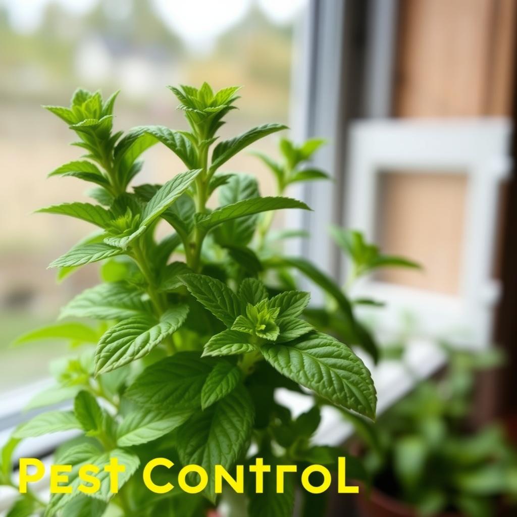 A vibrant and lush mint plant with broad, serrated leaves in the foreground, its stems reaching upwards and outwards. The plant is positioned in a natural setting, perhaps on a windowsill or patio, with soft, diffused natural lighting highlighting its green hues. The background features a blurred, out-of-focus scene, allowing the mint plant to take center stage and draw the viewer's attention. The overall mood is one of freshness, vitality, and the promise of natural pest control, reflecting the article's subject and section title.