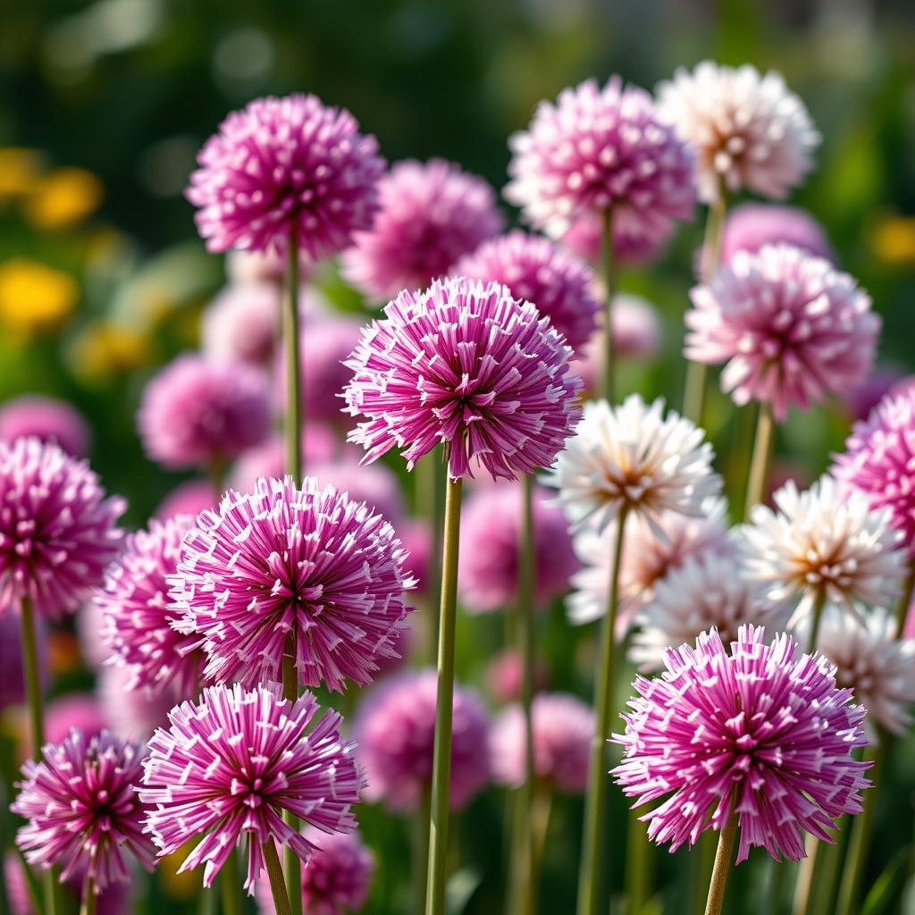 A vibrant arrangement of allium ornamental bulbs in various shades of purple, pink, and white. The bulbs are captured in a close-up view, showcasing their unique, globe-shaped blooms and long, sturdy stems. The foreground features the bulbs in full bloom, with petals radiating outward in a captivating display. The middle ground blends a soft, out-of-focus backdrop, creating a sense of depth and emphasizing the bulbs' intricate details. Warm, natural lighting casts a gentle glow, accentuating the bulbs' vivid hues and bringing the scene to life. The overall composition evokes a sense of natural beauty and the allium's potential as a mosquito-repelling plant.