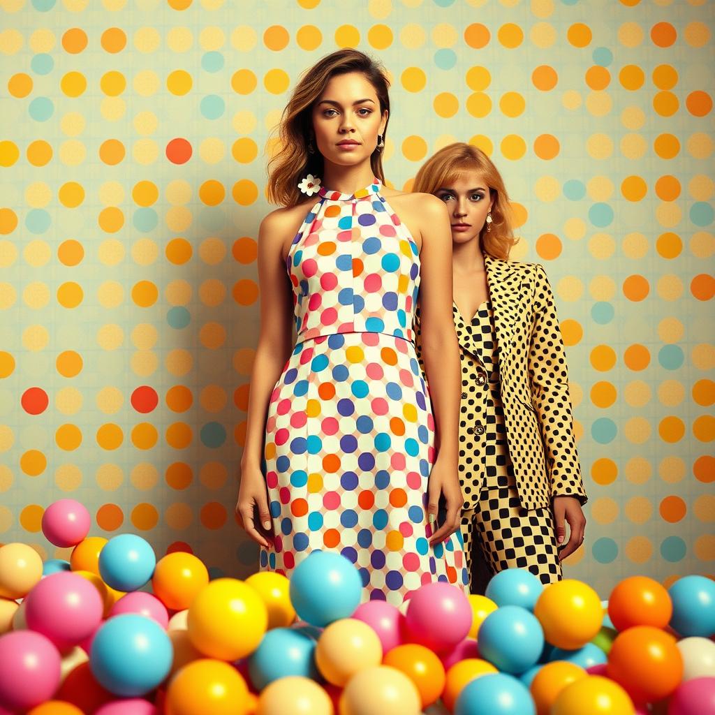 A vibrant array of polka dot fashion prints in an '80s inspired aesthetic. In the foreground, a dynamic composition of various sized polka dots in a playful color palette of pastel pink, sky blue, and sunshine yellow. The middle ground features a retro halter dress with a bold polka dot pattern, complemented by a structured blazer with a subtle dotted texture. In the background, a geometric wallpaper design echoes the polka dot motif, creating a visually striking and nostalgic atmosphere. Warm, diffused lighting casts a soft, dreamlike glow, evoking the carefree spirit of the era. The entire scene radiates a sense of youthful exuberance and contemporary style.