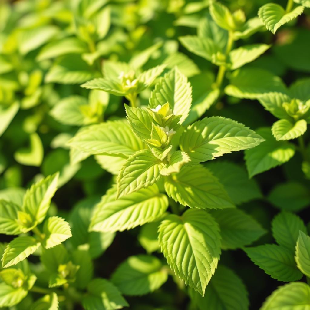 A vibrant, close-up photograph of a lush, green lemon balm plant (Melissa officinalis) in a natural, sunlit setting. The plant's serrated, heart-shaped leaves are prominently displayed, their light green hues complemented by the warm, golden tones of the natural lighting. The plant appears healthy and thriving, with delicate white flowers emerging from the foliage. The background is softly blurred, creating a sense of depth and focus on the subject. The overall mood is one of freshness, calm, and the soothing essence of this versatile, aromatic herb.