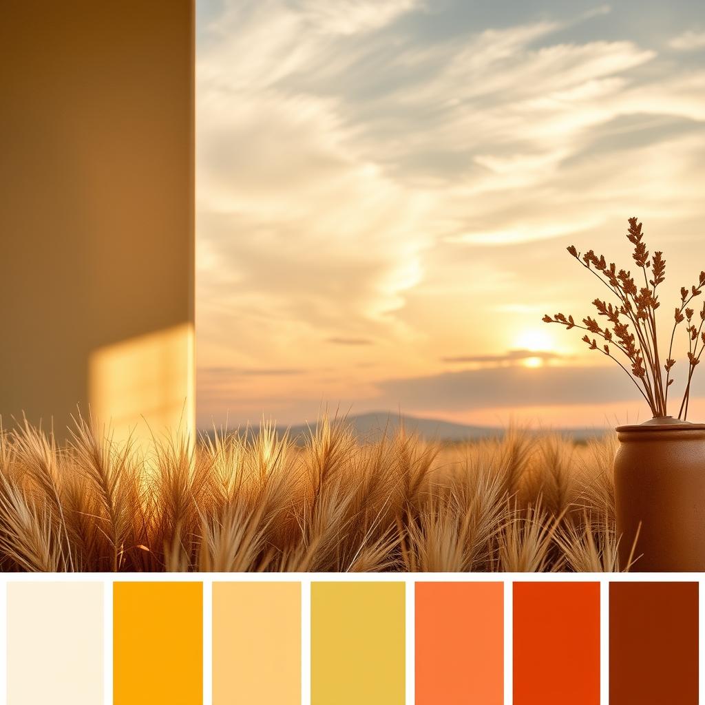 A vibrant farmhouse color palette, featuring a warm, inviting atmosphere. In the foreground, a mix of earthy tones - rustic brown, muted green, and soft cream - create a harmonious base. In the middle ground, pops of mustard yellow and terracotta red add depth and visual interest, while the background showcases a serene sky, with wispy clouds and a gentle golden glow from the setting sun. The lighting is soft and natural, casting a cozy ambiance throughout the scene. The composition captures the essence of farmhouse chic, with a focus on the perfect balance of rustic charm and modern elegance.