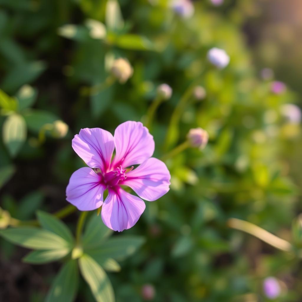 A vibrant floss flower blooms in the foreground, its delicate purple petals contrasted against a soft, out-of-focus background. The plant is shown in a natural, garden setting, with lush greenery and a warm, golden light filtering through. The camera angle is slightly elevated, giving a captivating overhead view of the flower's intricate structure and the subtle shadows it casts. The overall composition conveys a sense of tranquility and the flower's potential as a natural pest control solution, perfectly aligning with the section title "Floss Flower: Colorful and Toxic to Pests."