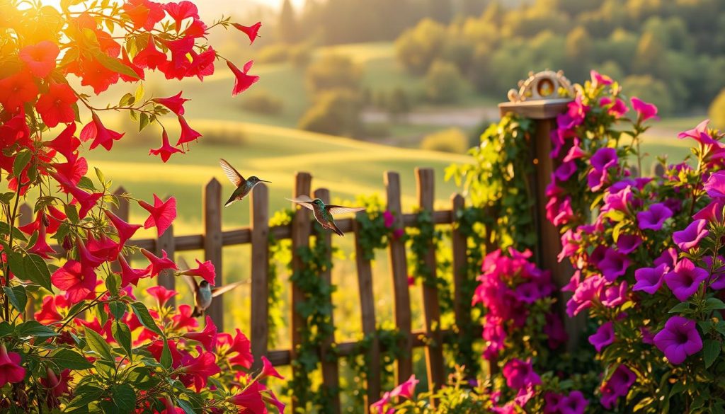 A vibrant garden scene, bathed in warm, golden afternoon light. In the foreground, a lush arrangement of native flowers - crimson trumpet vines, fuschia fuchsias, and violet-hued petunias - swaying gently in a soft breeze. Amidst the blooms, a pair of iridescent hummingbirds, their wings a blur as they flit from blossom to blossom, sipping nectar. The middle ground features a rustic wooden fence, entwined with verdant vines and cascading greenery. In the background, a verdant landscape of rolling hills and towering trees, creating a serene, natural backdrop. The overall mood is one of tranquility and abundance, inviting the viewer to imagine the sights and sounds of a vibrant hummingbird-friendly garden.