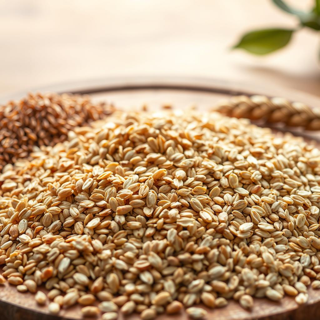 A vibrant still life showcasing an assortment of whole grains against a warm, natural backdrop. In the foreground, a variety of grains - including brown rice, quinoa, oats, and whole wheat berries - are arranged in an artful, scattered composition. The middle ground features a wooden board or surface, with subtle textures and a rustic, earthy tone. The background softly blurs, hinting at a gentle, neutral-toned environment, perhaps with hints of natural elements like leaves or greenery. The lighting is soft and diffused, casting a gentle glow and highlighting the varied colors and textures of the grains. An overall sense of wholesome, heart-healthy nourishment permeates the scene.