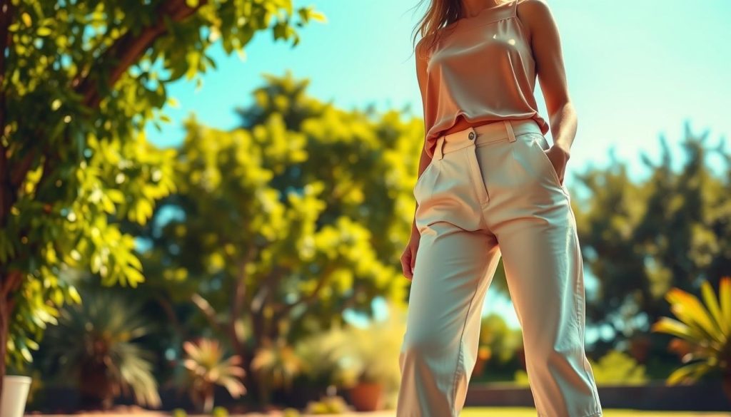 A vibrant summer scene with a fashionable model showcasing the latest capri pants trend. In the foreground, the model stands confidently, wearing a stylish, high-waisted pair of capri pants in a light, breezy fabric. The pants are tailored to accentuate the figure, with a slightly tapered leg and subtle crease details. The model pairs the capris with a sleeveless, tucked-in top in a complementary color, creating a chic, effortless look. Soft, natural lighting filters through, casting a warm, golden glow across the scene. In the middle ground, a backdrop of lush, verdant foliage and a clear, azure sky evokes a serene, sun-drenched summer day. The overall mood is one of relaxed sophistication, showcasing the versatility and timeless appeal of the capri pants fashion trend.