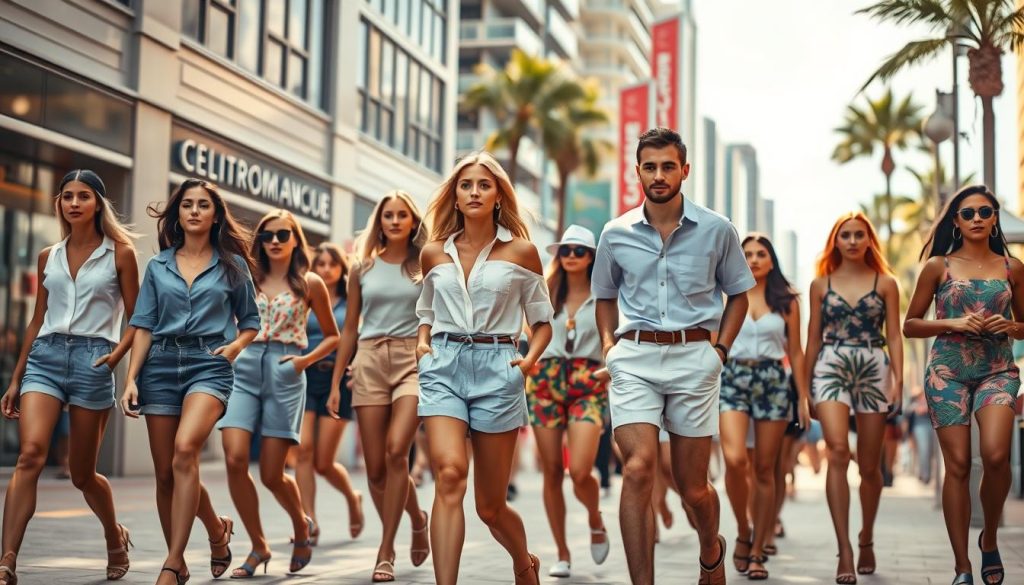 A vibrant, sun-drenched scene of stylish models strutting down a bustling city street, showcasing the latest trend in Bermuda shorts. In the foreground, a diverse group of fashionable individuals stride with confidence, their knee-length shorts accentuating toned legs. The middle ground features a mix of classic and contemporary silhouettes, from tailored linen to breezy cotton blends, in a variety of eye-catching hues like pastel blues, earthy neutrals, and bold tropical prints. In the background, a lively urban landscape with sleek high-rises, vibrant storefronts, and a hint of palm trees creates a chic, summery atmosphere. Soft, diffused lighting casts a warm glow, highlighting the effortless style and carefree elegance of the Bermuda shorts trend.
