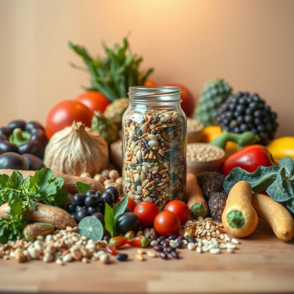 A vibrant, well-balanced still life depicting a selection of wholesome, nutrient-rich foods. In the foreground, an array of fresh fruits and vegetables are arranged artfully on a wooden surface, their colors and textures creating a visually appealing composition. In the middle ground, a glass jar filled with whole grains, legumes, and seeds takes center stage, hinting at the importance of diverse, plant-based sources of protein and complex carbohydrates. Soft, warm lighting from overhead casts a gentle glow, accentuating the natural beauty of the ingredients and conveying a sense of health, harmony, and sustainability. The overall atmosphere is one of simplicity, nourishment, and a commitment to a balanced, mindful approach to eating.