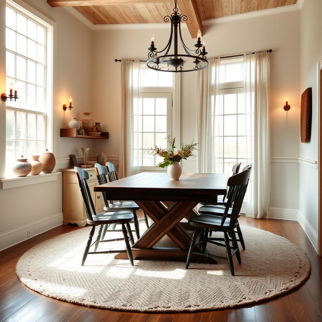 A warm and inviting farmhouse dining nook, illuminated by natural light streaming through large windows. A rustic wooden table, surrounded by vintage-inspired chairs, sits atop a plush area rug. Shelves along the wall display a curated collection of antique vases, pottery, and other farmhouse decor. Soft, ambient lighting from wall sconces and a wrought-iron chandelier create a cozy, intimate atmosphere. The walls are painted a soothing neutral tone, complemented by weathered wood accents and sheer curtains that gently sway in the breeze. This charming space captures the essence of farmhouse style, blending modern comfort with timeless, rustic elegance.