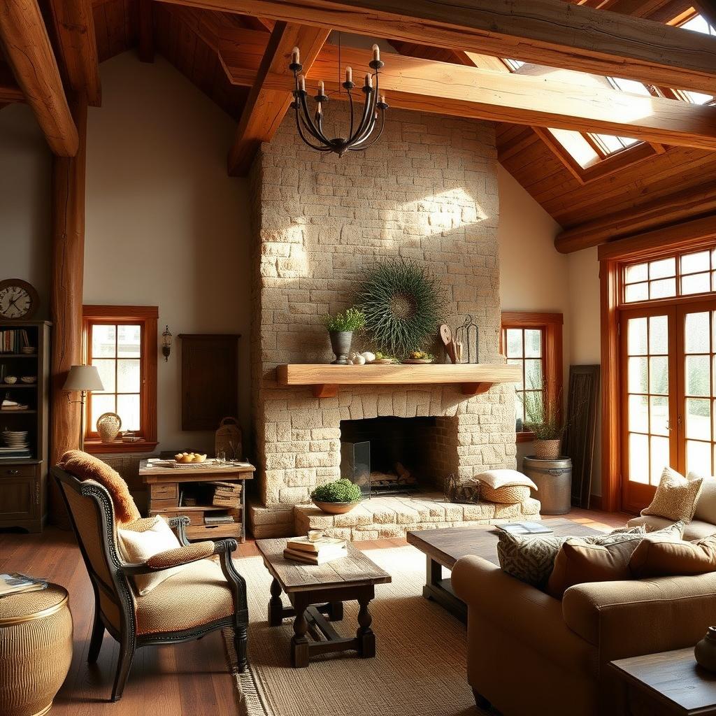 A warm, cozy farmhouse interior with rustic wooden beams, a large stone fireplace, and plush textiles in earthy tones. Soft natural lighting filters through large windows, casting a golden glow on the space. Vintage furniture and decor pieces, like an antique armchair and a distressed wooden coffee table, create a lived-in, homey atmosphere. The overall design emphasizes comfort, simplicity, and a connection to nature, embodying the essence of modern farmhouse style.