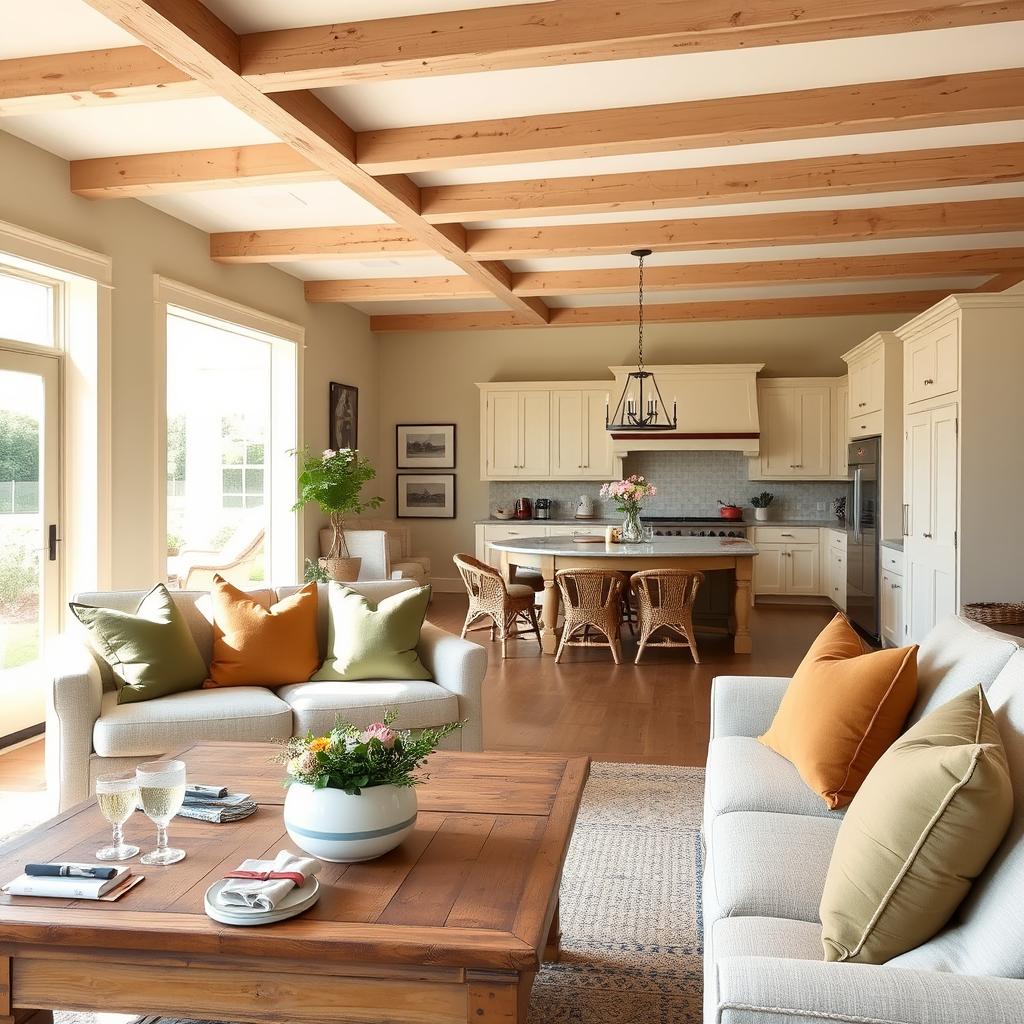 A warm, inviting farmhouse interior with a harmonious color palette. In the foreground, a cozy living room features a rustic wooden coffee table, plush linen-upholstered furniture, and pops of muted greens and ochres in the throw pillows. The middle ground showcases a large open-concept kitchen with shaker-style cabinets in a soft white, complemented by a farmhouse-style wooden table and chairs. Beams in the ceiling cast a gentle, natural light across the space. In the background, a glimpse of a sunlit porch with wicker furniture and blooming potted plants adds to the tranquil, countryside ambiance. Overall, the scene exudes a sense of comfort and timeless charm.
