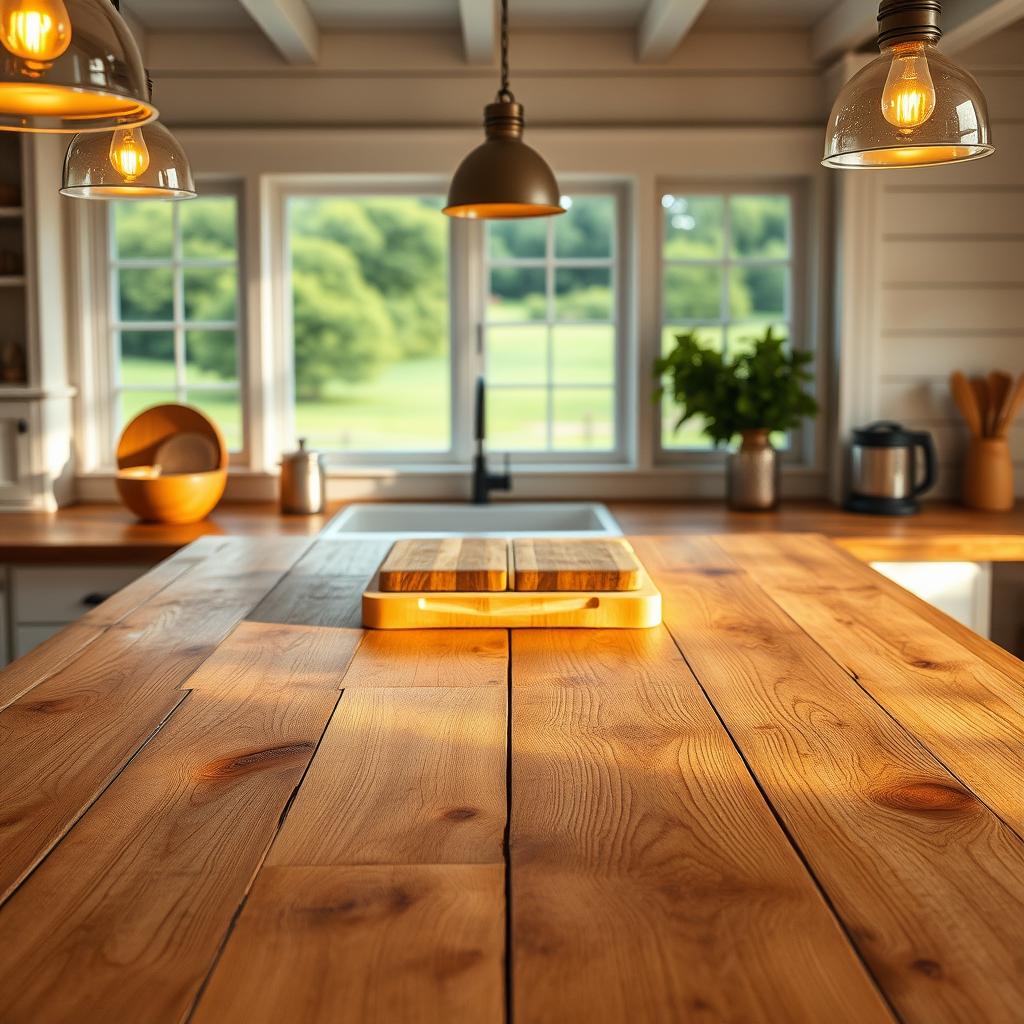 A warm, rustic scene of natural wood countertops set against a backdrop of a cozy farmhouse kitchen. The countertops are made of weathered oak, with visible knots and grain patterns that add character. Soft, golden lighting from pendant lamps casts a gentle glow, accentuating the wood's natural warmth. In the middle ground, a cutting board and a few simple kitchen items sit atop the counters, conveying a sense of homely practicality. The background features white shiplap walls and a window overlooking a lush, verdant landscape, evoking a serene, pastoral atmosphere. The overall composition exudes a welcoming, inviting ambiance that embodies the essence of farmhouse chic.