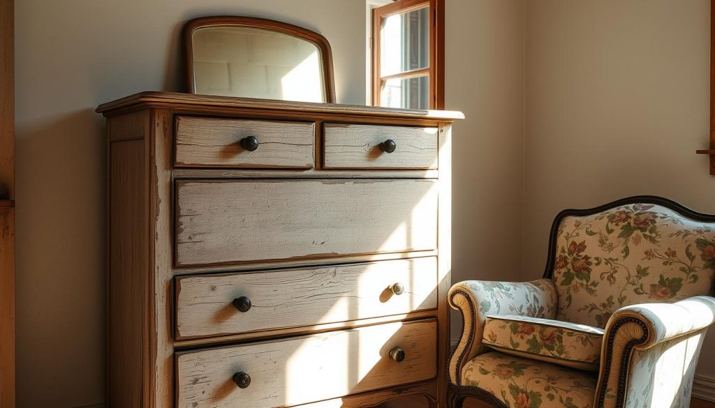 A weather-worn farmhouse dresser stands in a sun-dappled room, its distressed wooden surface textured with cracks and worn paint. Gentle rays stream through an open window, casting a warm glow on the aged piece. Beside it, a vintage armchair upholstered in faded floral fabric invites rest and reflection. The room's atmosphere exudes a sense of timeless, lived-in charm, evoking the passage of years and the stories etched into each weathered detail.
