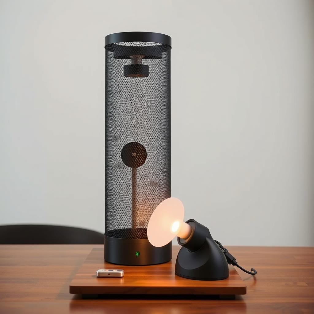 A well-designed mosquito trap setup sits on a wooden table, its components neatly arranged. The trap's cylindrical body, made of durable mesh, stands tall, ready to lure in its target prey. Beside it, a small electric fan gently circulates the air, simulating the natural movement of a human host. In the foreground, a discreet LED light casts a warm, inviting glow, attracting mosquitoes with its subtle luminescence. The background features a serene indoor setting, with clean lines and muted tones that allow the trap's functional elegance to take center stage. The overall scene conveys a sense of efficiency and attention to detail, primed to effectively manage the mosquito population.