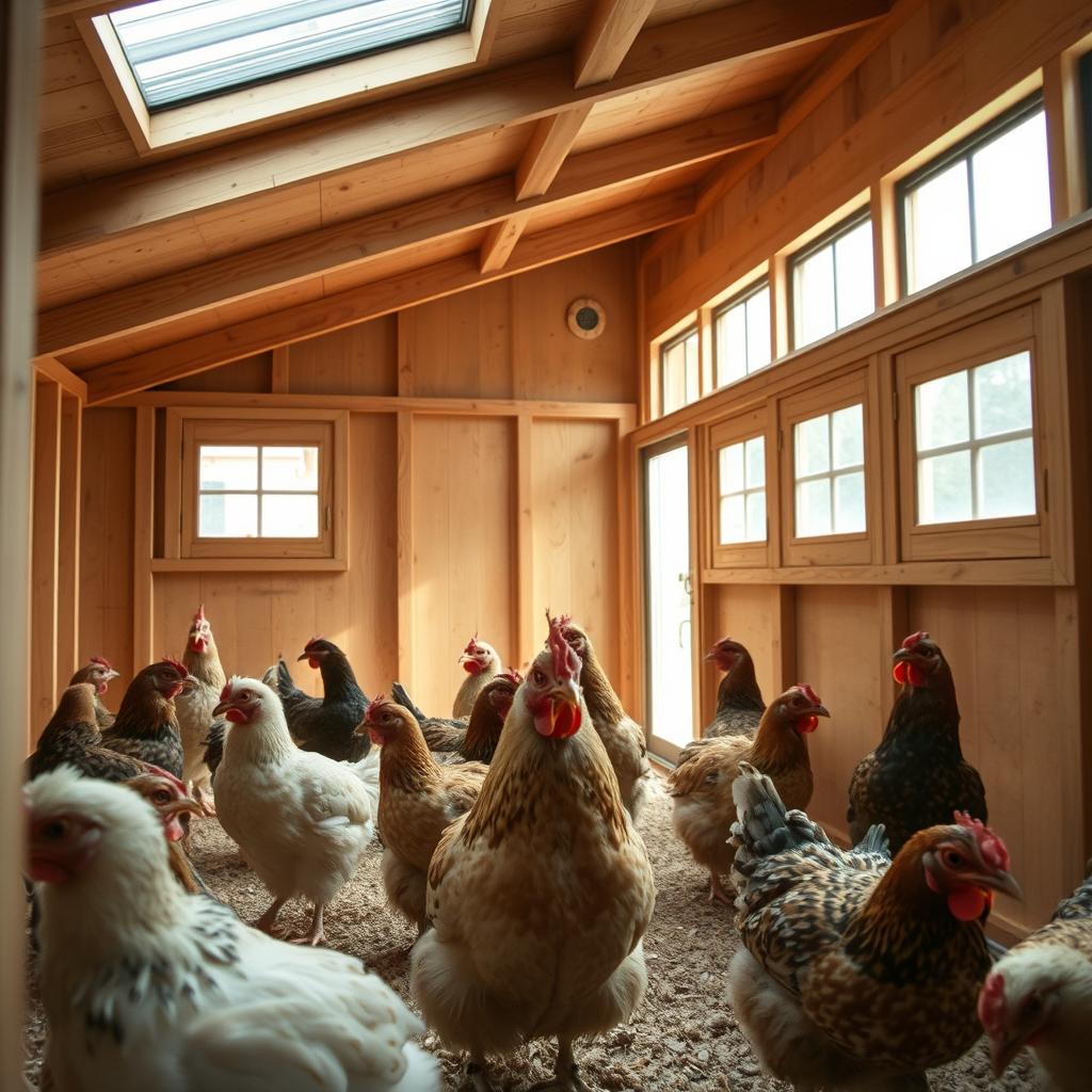 A well-lit, airy chicken coop with an optimized airflow system. The interior features strategically-placed windows and vents, allowing natural light to flood the space and facilitating efficient air circulation. The coop's wooden structure is framed by a lens with a wide aperture, capturing the cozy yet functional atmosphere. The hens roam contentedly, their feathers shimmering under the soft, diffused lighting. The overall composition conveys a sense of balance and harmony between the birds' needs and their comfortable living environment.