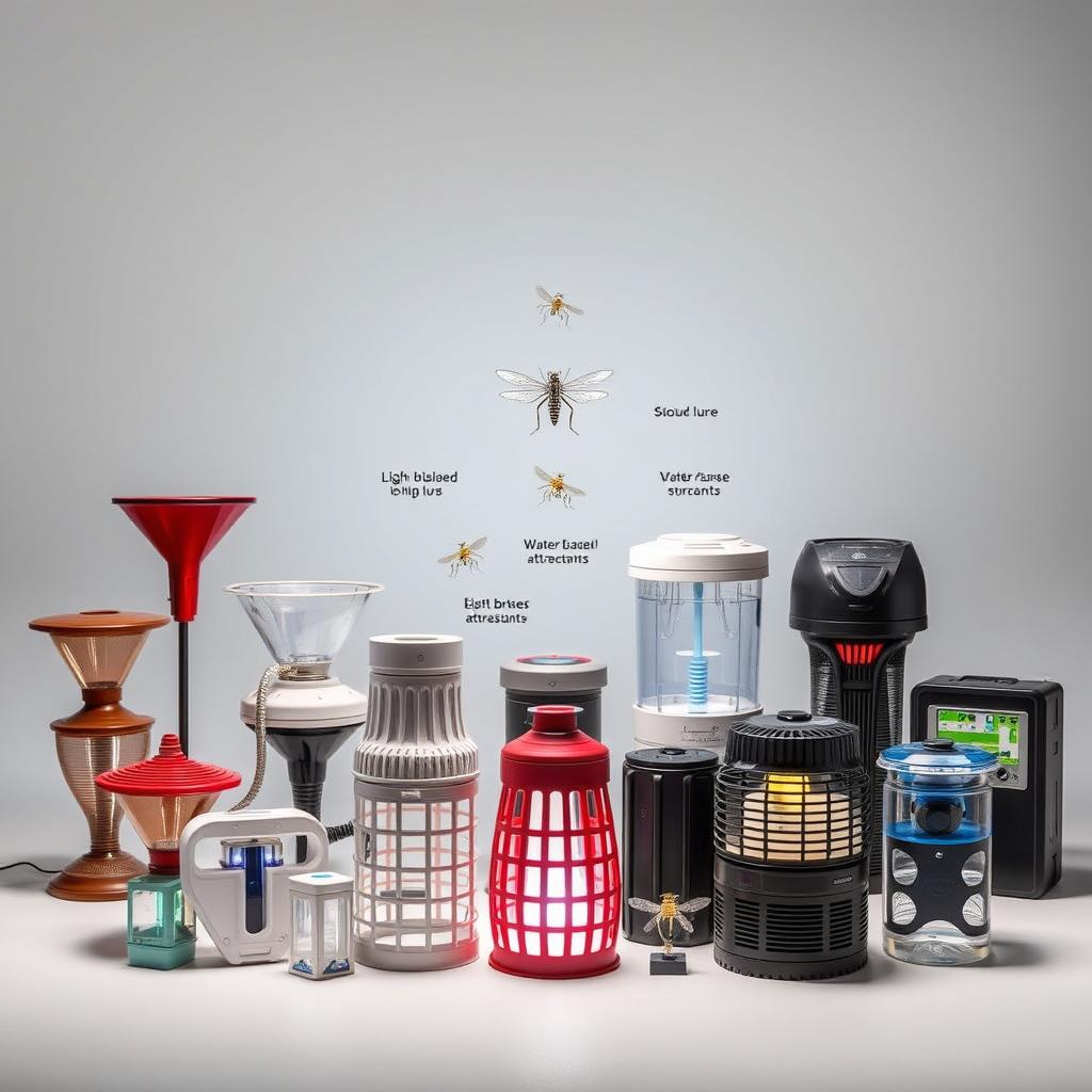 A well-lit, detailed display of various mosquito traps, showcasing their distinctive designs and features. In the foreground, an array of traps in different shapes and sizes, from classic funnel-shaped models to advanced electronic devices, all rendered with a high level of realism. The middle ground highlights the key mechanisms and components that make these traps effective, such as light-based lures, adhesive surfaces, and water-based attractants. The background provides a clean, neutral setting, allowing the traps to take center stage and demonstrate their versatility for effective mosquito control.