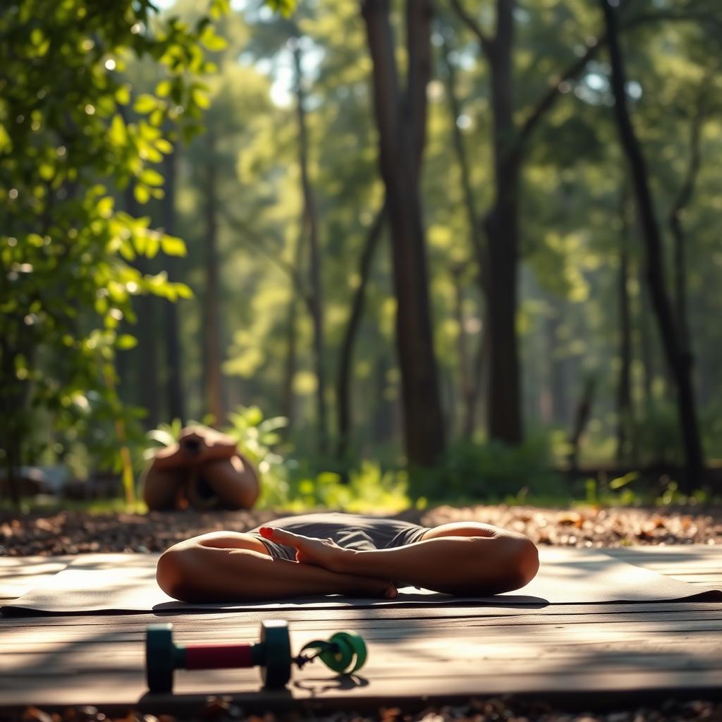 A well-lit, high-resolution image of a serene, sun-dappled outdoor fitness scene. In the foreground, a fit, healthy-looking person performs a yoga pose on a mat, surrounded by lush greenery and natural textures. The middle ground features a few simple, minimal fitness props like dumbbells and a resistance band. The background showcases a tranquil, wooded landscape with soft, warm lighting, creating a sense of balance, mindfulness, and personal wellness.