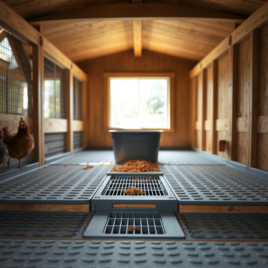 A well-lit, spacious chicken coop interior with a practical, durable flooring system and an efficient waste management setup. The flooring is a mix of interlocking PVC tiles and elevated wooden slats, allowing for easy cleaning and drainage. In the middle ground, a composting bin collects the droppings, while a discreet grate system channels the waste into the bin. The background features ample natural light filtering through large windows, creating a clean, hygienic atmosphere. The overall scene conveys a sense of orderliness and thoughtful design, suitable for housing a thriving backyard flock.
