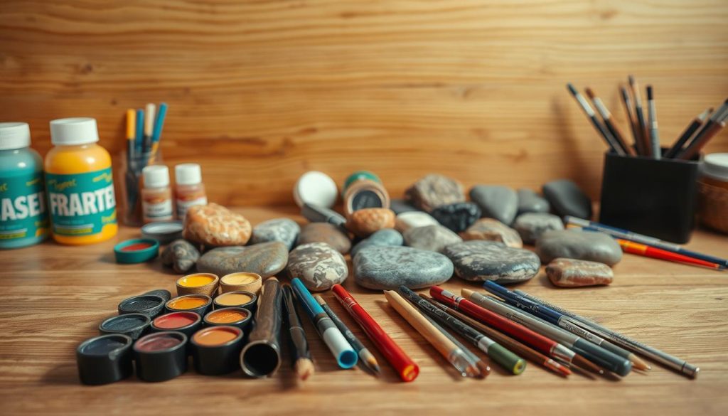 A well-lit studio scene featuring an assortment of rock painting supplies arranged on a wooden table. In the foreground, a variety of acrylic paints in vibrant colors, paintbrushes of different sizes, and a set of fine-tipped markers. In the middle ground, an array of smooth, flat rocks in various shapes and sizes, ready to be transformed into colorful works of art. In the background, a natural wood-grain texture serves as a warm, earthy backdrop, complementing the creative tools. The lighting is soft and diffused, casting gentle shadows and highlighting the textures of the materials. The overall mood is one of inspiration and the anticipation of artistic exploration.