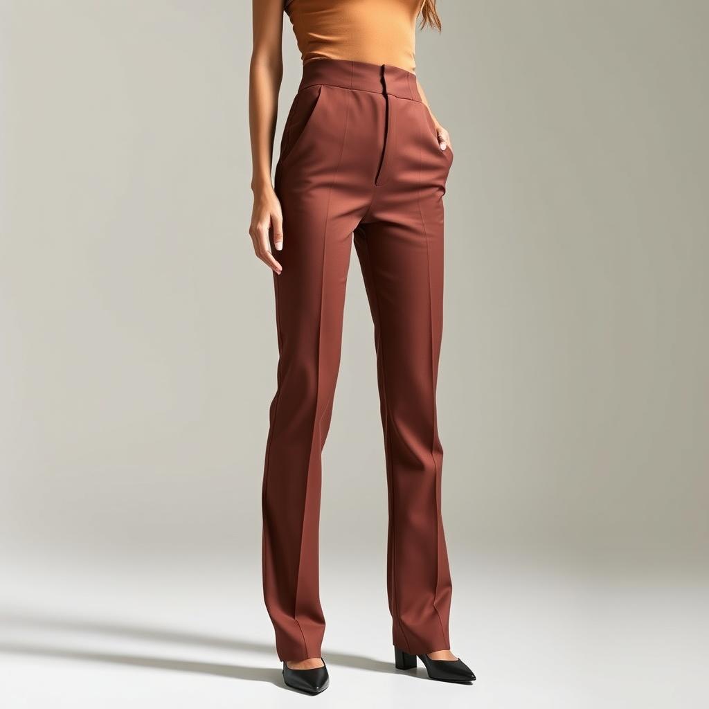 A well-tailored, slim-cut fashion outfit showcased in a stylish studio setting. The model wears a pair of sleek, high-waisted pants in a rich, muted tone that subtly tapers from the waist down to the ankles, creating a streamlined silhouette. The pants are paired with a fitted, minimalist top in a complementary color, accentuating the elegant lines of the ensemble. Soft, directional lighting casts gentle shadows, highlighting the clean design and premium fabrics. The model strikes a poised, confident pose, allowing the slim-cut pants to take center stage. The background is a simple, neutral-toned studio setting, allowing the fashion piece to be the focal point.