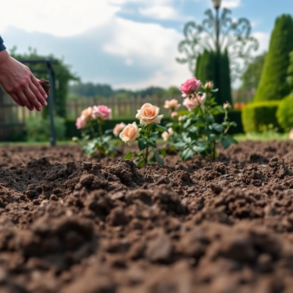 A well-tilled garden bed, the soil rich and crumbly, with a subtle earthy aroma. In the foreground, a gardener's hands gently incorporate compost, creating the perfect planting medium for delicate David Austin rose bushes. The mid-ground showcases the rosebushes themselves, their lush foliage and vibrant blooms subtly backlit by soft, diffused sunlight filtering through wispy clouds. In the distance, a picturesque English garden landscape unfolds, with neatly pruned hedges and a charming wooden fence framing the scene. The overall atmosphere is one of tranquility and anticipation, hinting at the rewards of thoughtful rose cultivation.