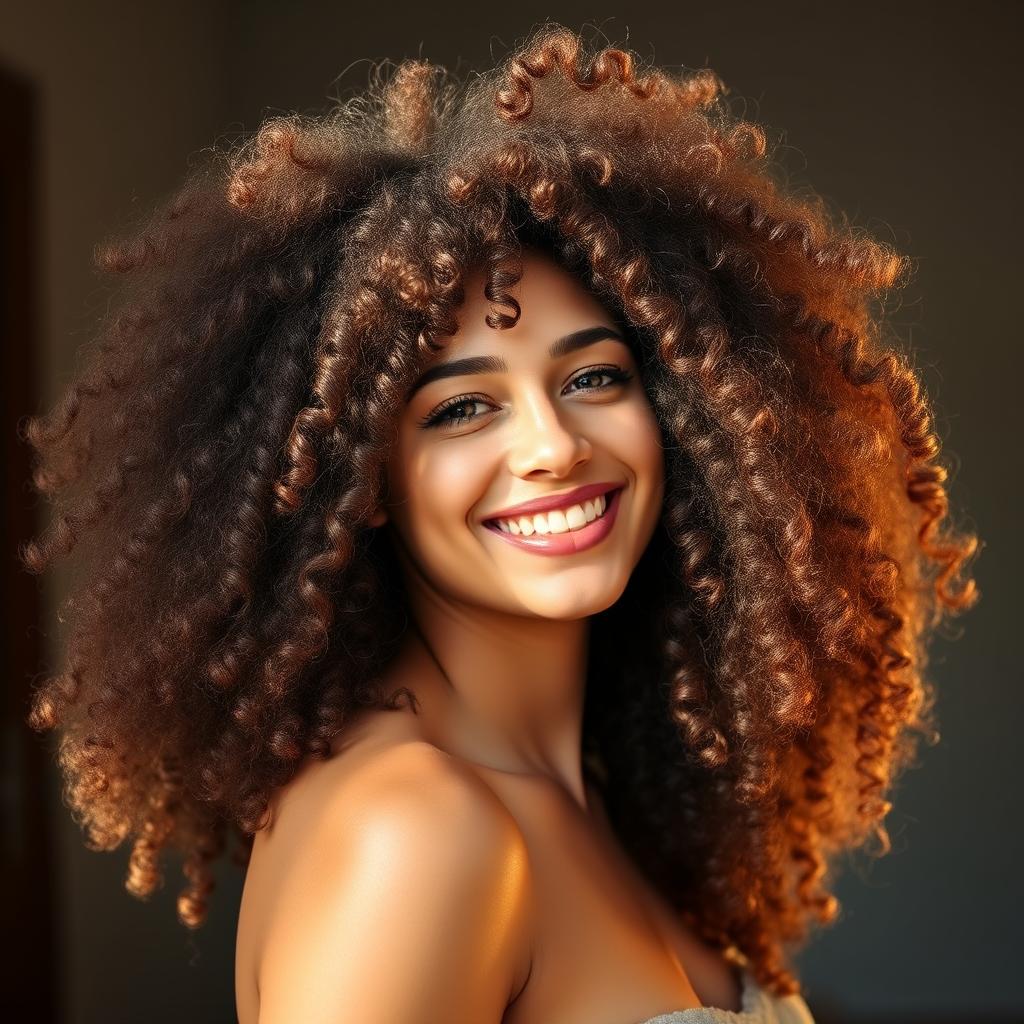 A young woman with voluminous, bouncy curly hair stands confidently, head tilted slightly, sunlight filtering through the strands. Her hair appears transformed, healthier and more defined, flowing gracefully around her face. The lighting is natural, warm, and flattering, creating a glowing, almost ethereal effect. The background is slightly blurred, keeping the focus on the stunning curly hair transformation. The overall mood is one of joy, satisfaction, and a sense of empowerment, reflecting the positive changes the hair routine has brought about.