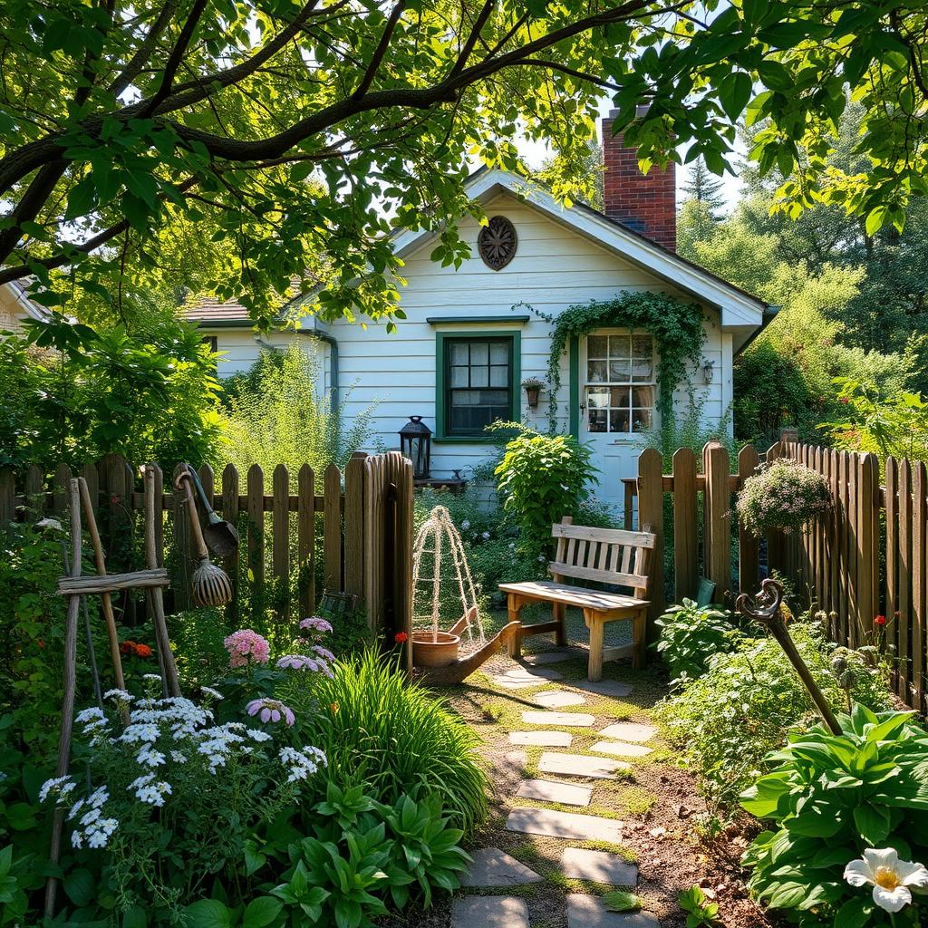 Compact farmhouse nestled in a lush, well-tended garden. Verdant beds filled with cascading flowers, trailing vines, and fragrant herbs. A quaint wooden fence encloses the space, allowing glimpses of a rustic stone path winding through. Dappled sunlight filters through an overhead canopy of trees, casting a warm, inviting glow. Weathered garden tools and decorative accents add charm to the scene. A small wooden bench invites relaxation amidst the serene, countryside atmosphere. Soft, muted tones complement the organic, lived-in feel of this charming small-scale farmhouse garden.