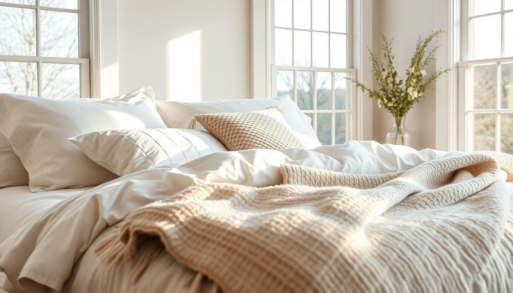 Crisp white bedding, soft and inviting, with layers of quilted textiles in muted farmhouse tones. The light streams in through large windows, casting a warm glow across the serene scene. Fluffy pillows and a plush, textured throw blanket add depth and visual interest. The angle is slightly elevated, capturing the tranquil arrangement in a cozy, intimate composition. The overall mood is one of timeless comfort and rustic elegance, perfectly suiting the "Farmhouse Bedroom Design: Timeless Comfort & Style" article and its "Textiles That Add Warmth and Texture" section.