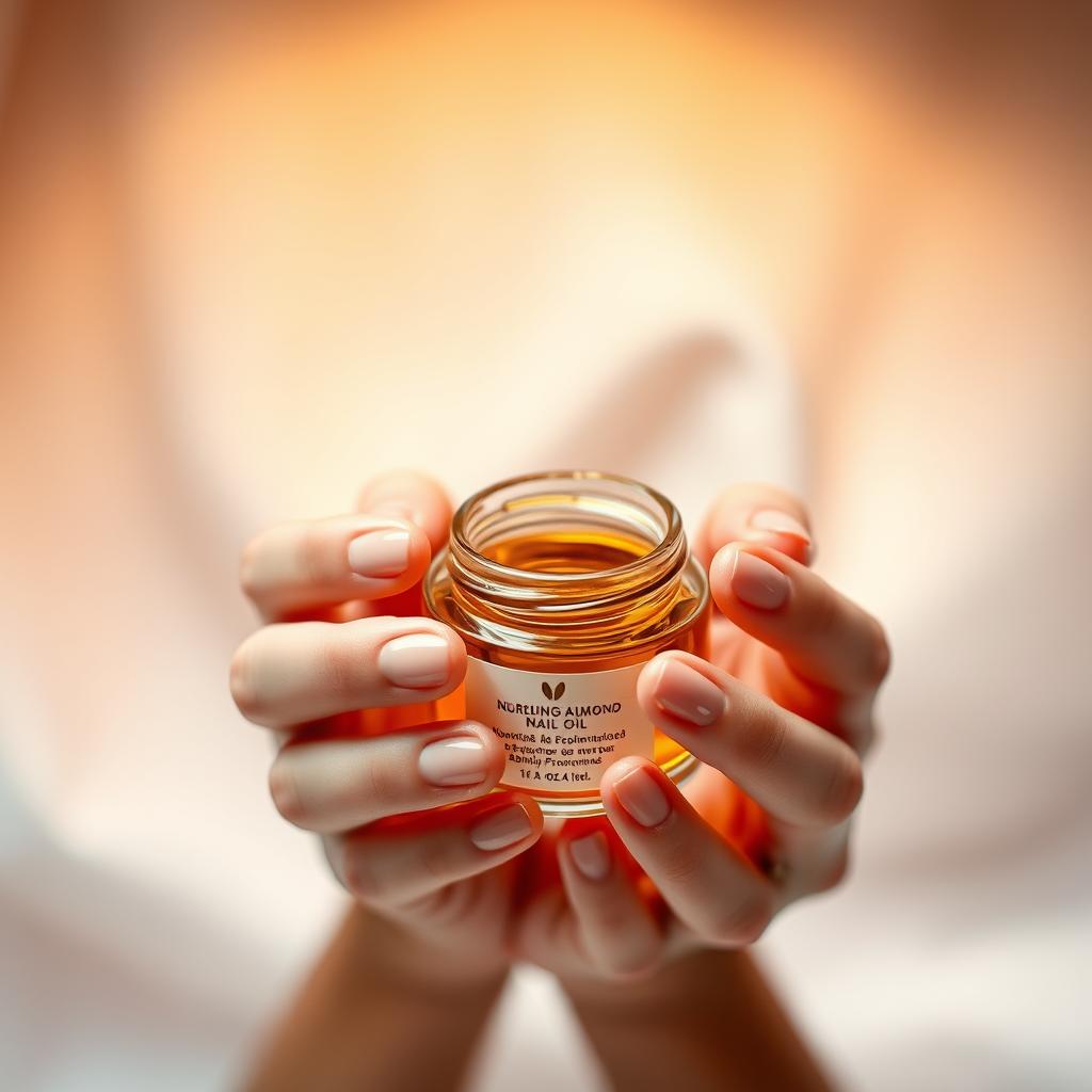 Detailed almond-shaped nails against a soft, ethereal background. Delicate, well-groomed hands hold an open jar of nourishing almond-based nail oil, the warm amber liquid glistening. Gentle lighting from above casts a subtle, flattering glow, highlighting the smooth, healthy cuticles and grooves of the nails. The nails themselves are perfectly shaped, slightly tapered, with a natural, polished sheen. The overall atmosphere is one of tranquil, luxurious self-care - a serene, spa-like setting where the focus is on nurturing and maintaining the beauty of the hands and nails.